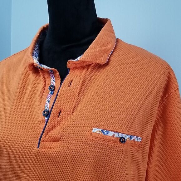 Visconti Black 1/4 Button Polo Shirt Mens XL Orange w/ Print Jacquard Interlock - Picture 7 of 7